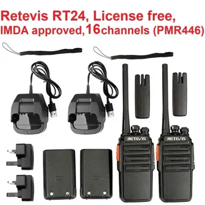 Singapore stock! IMDA Approved, Retevis RT24 Walkie Talkie 0.5W 16 Channel PMR446 Legal and License-Free (Singapore and Europe) Two Way Radio with USB Charger + 3 pin adapter (x 2) (Black, 1 Pair)
