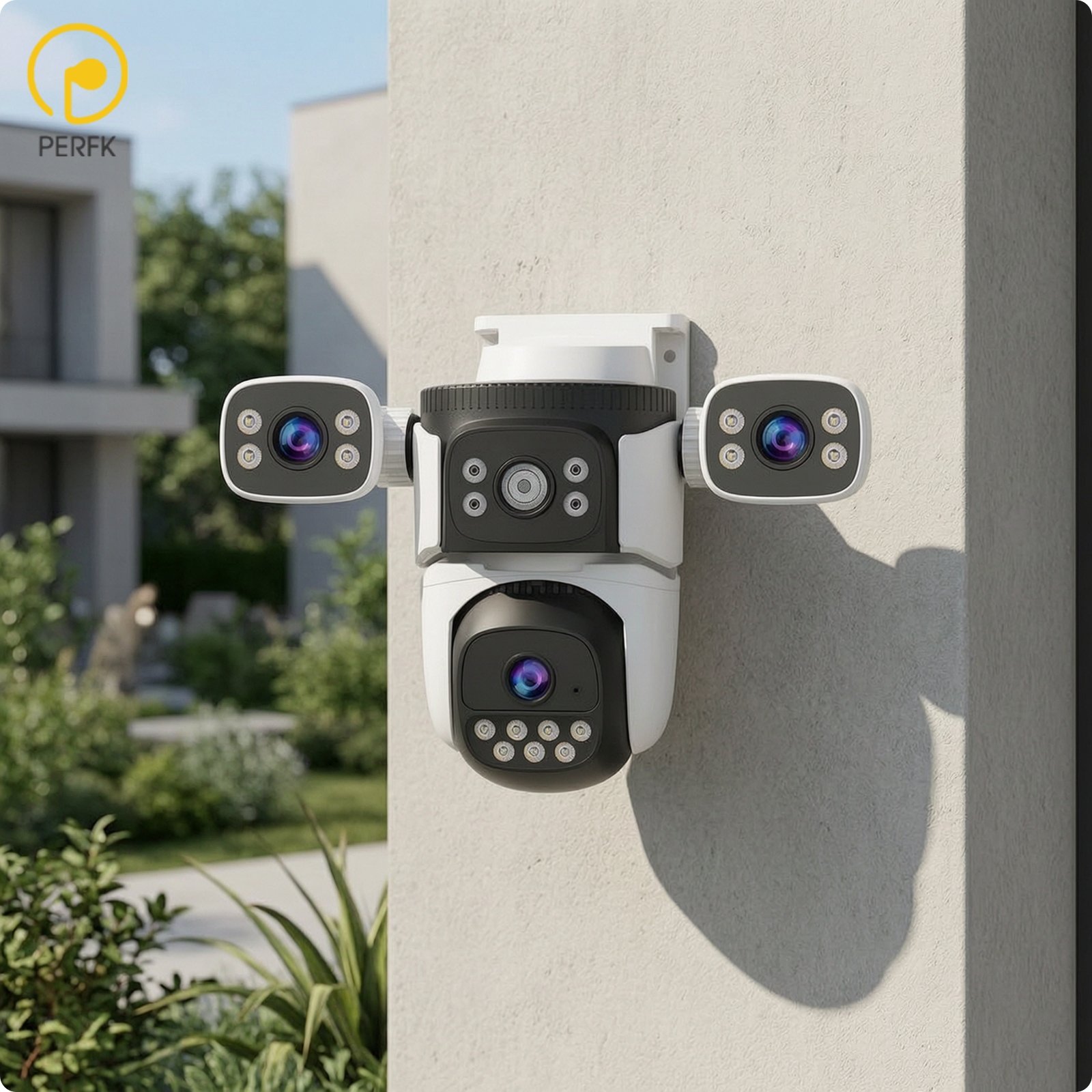 Perfk Wall-Mount Outdoor Security Camera Wide-Angle Three-Lens Security Camera Dome-Style for Entryway ราคา 7,008 บาท*ส่งฟรี
