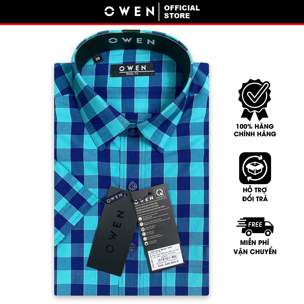 OWEN SALE - Áo Sơ Mi Owen Tay Ngắn Màu Xanh Lá- Navy  Họa Tiết Caro Form Body Fit Lai Ngang Chính Hã
