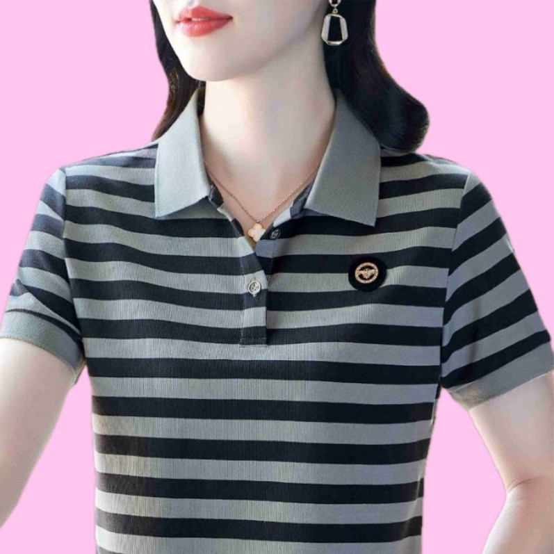 Áo Polo áo cho nữ áo thun ngắn tay sọc áo cổ gấp ĐẦM MÙA HÈ cho mẹ TRUNG NIÊN Phiên bản hàn quốc nữ