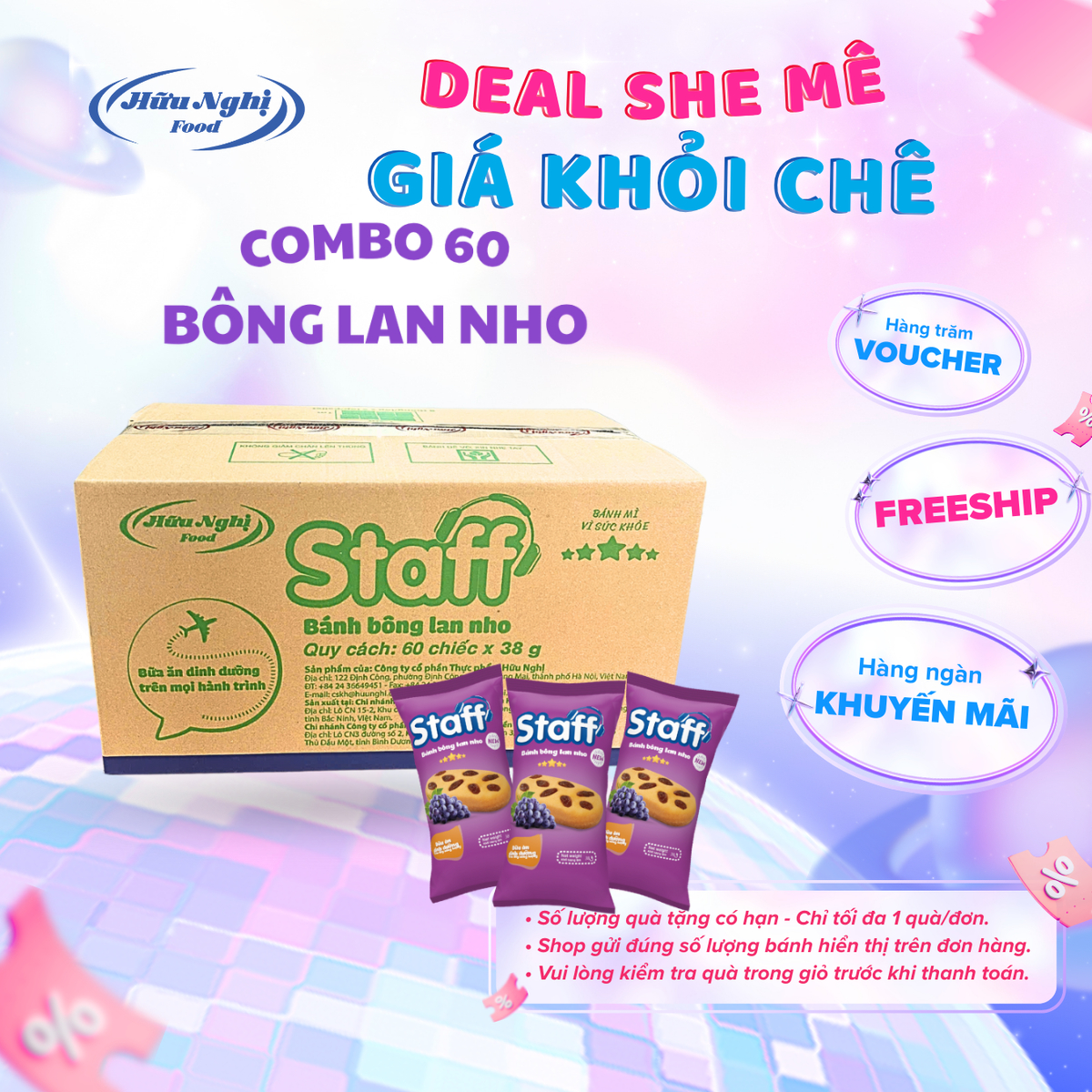 Combo 55 Bánh Bông Lan Nho Staff 38 thơm ngon, mềm min, ăn sáng tiện lợi (1 thùng)
