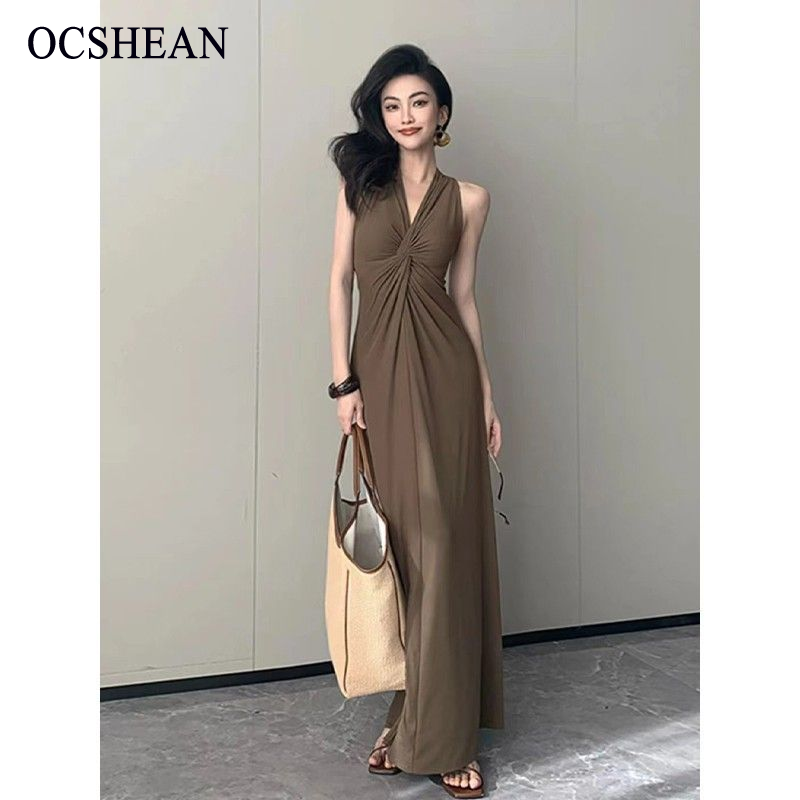 OCSHEAN ชุดเดรสแขนกุดถักทอที่หน้าอกสไตล์ผู้ใหญ่แบบใหม่ฤดูร้อนสำหรับผู้หญิงกระโปรงยาวใส่แล้วดูผอมเรียบหรูสไตล์ฝรั่งเศส ราคา 144 บาท*ส่งฟรี