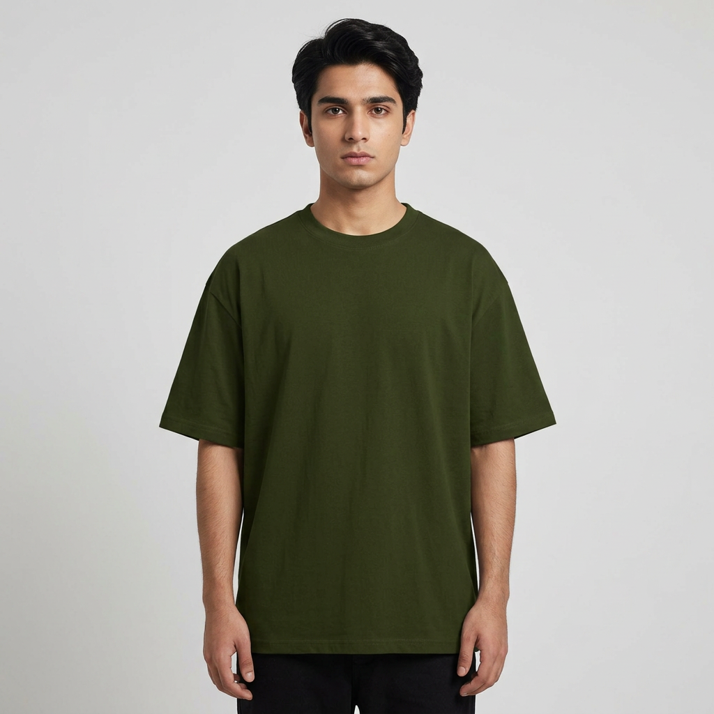 OLIVE GREEN DROP SHOULDER COTTON HALF SLEEVES T-SHIRT FOR MEN