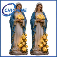 Chicmine 2Pcs Virgin Mary Garden Light Outdoor Mary Statue with LED Glowing Rose Blessed Mother Figurine for Catholic Garden Lawn Patio Decor Memorial Gift for Women Mom
