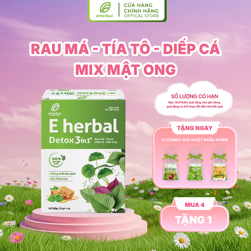 Bột Rau 3in1+ Rau má, Diếp cá, Tía tô Mật ong Eherbal (Hộp 15 gói x 4g)