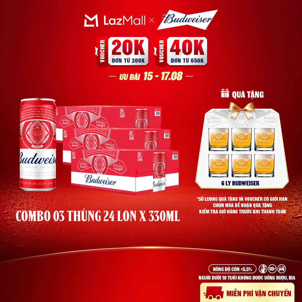 Combo 3 Thùng 24 Lon Bia Budweiser Sleek Can Chính Hãng (330ml/lon)