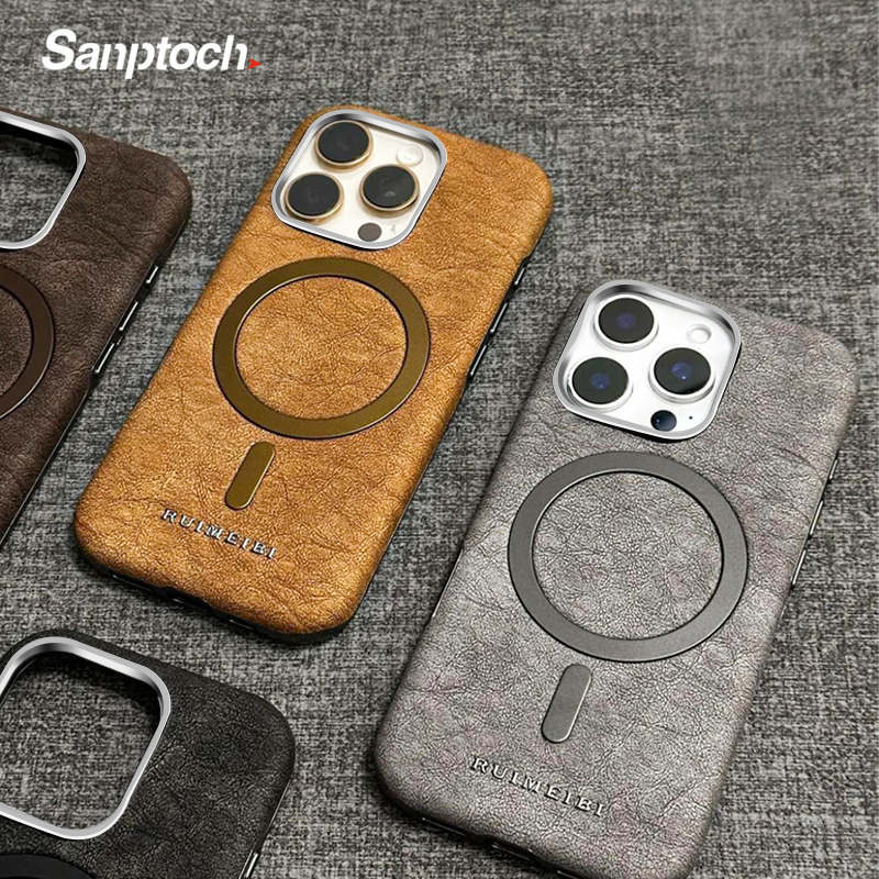  Sanptoch Cho Magsafe Retro Da Sang Trọng vỏ điện thoại Cho iPhone 16 15 14 13 Pro Max Cao Cấp Thân Thiện Với Da Bìa Cho iPhone 16 Pro Max Quân Đội-Chống Sốc Vỏ bảo vệ Với Hợp Kim Vòng ống kính 