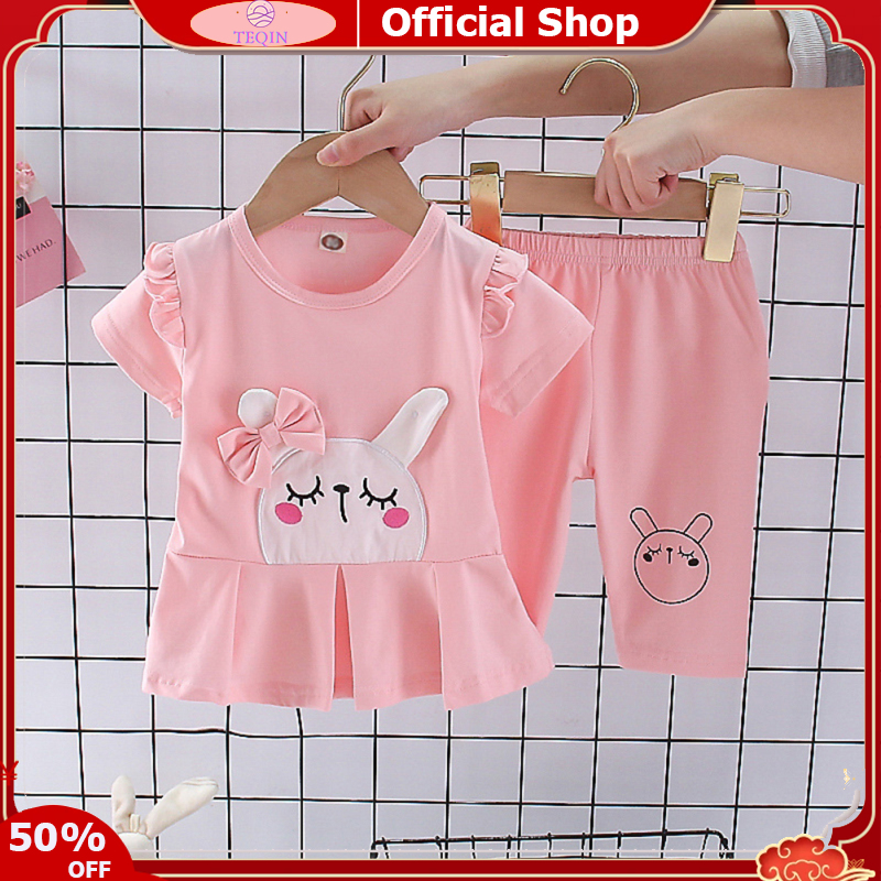 TEQIN【Fast Delivery】2pcs Girls Cotton Short Sleeve Suit T-shirt +half Pants Summer Cartoon Rabbit Pattern Solid Color Two Piece Children Clothing Set ราคา 158 บาท*ส่งฟรี