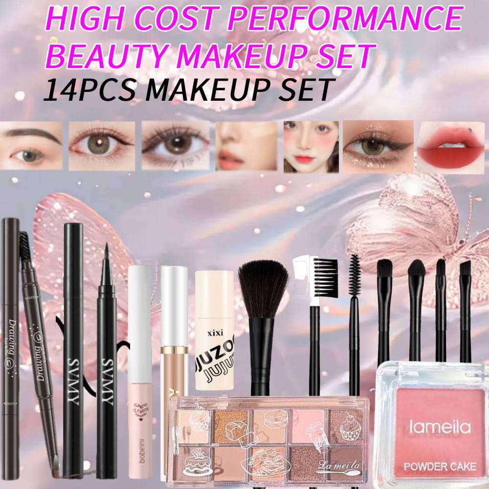 KUESICR [14 cái Bộ trang điểm] Xixi mịn mờ không thấm nước son bóng + Bảng Phấn Mắt + Phấn má hồng + Bút chì kẻ lông mày + 7 * cọ + Kem che khuyết điểm + Mascara + kẻ mắt