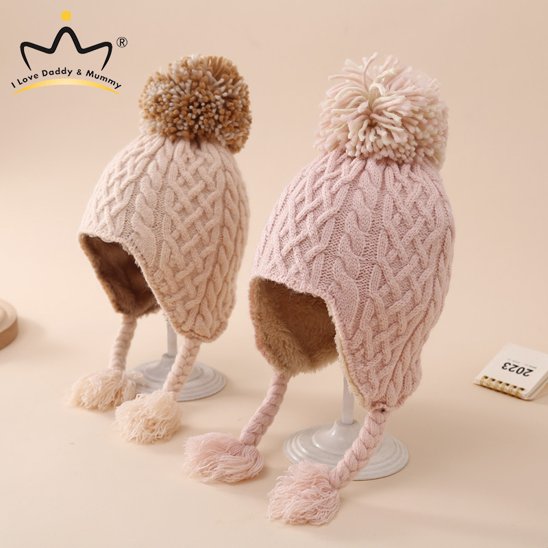 I LOVE DADDY&MUMMY 6-24Months Baby Winter Thick Warm Plush Hat Cute Pompom