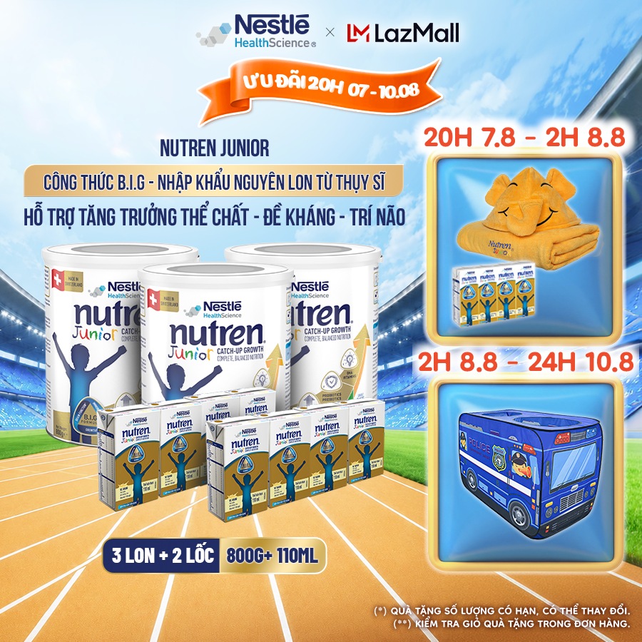 Bộ 3 Sữa Bột Dinh Dưỡng Y Học NESTLÉ NUTREN JUNIOR Xuất Xứ Thụy Sĩ Công Thức BIG Hỗ Trợ Tăng Trưởng Thể ChấtTrí NãoĐề Kháng Cho Bé 800G + 2 Lốc Sữa pha sẵn 110ML/hộp
