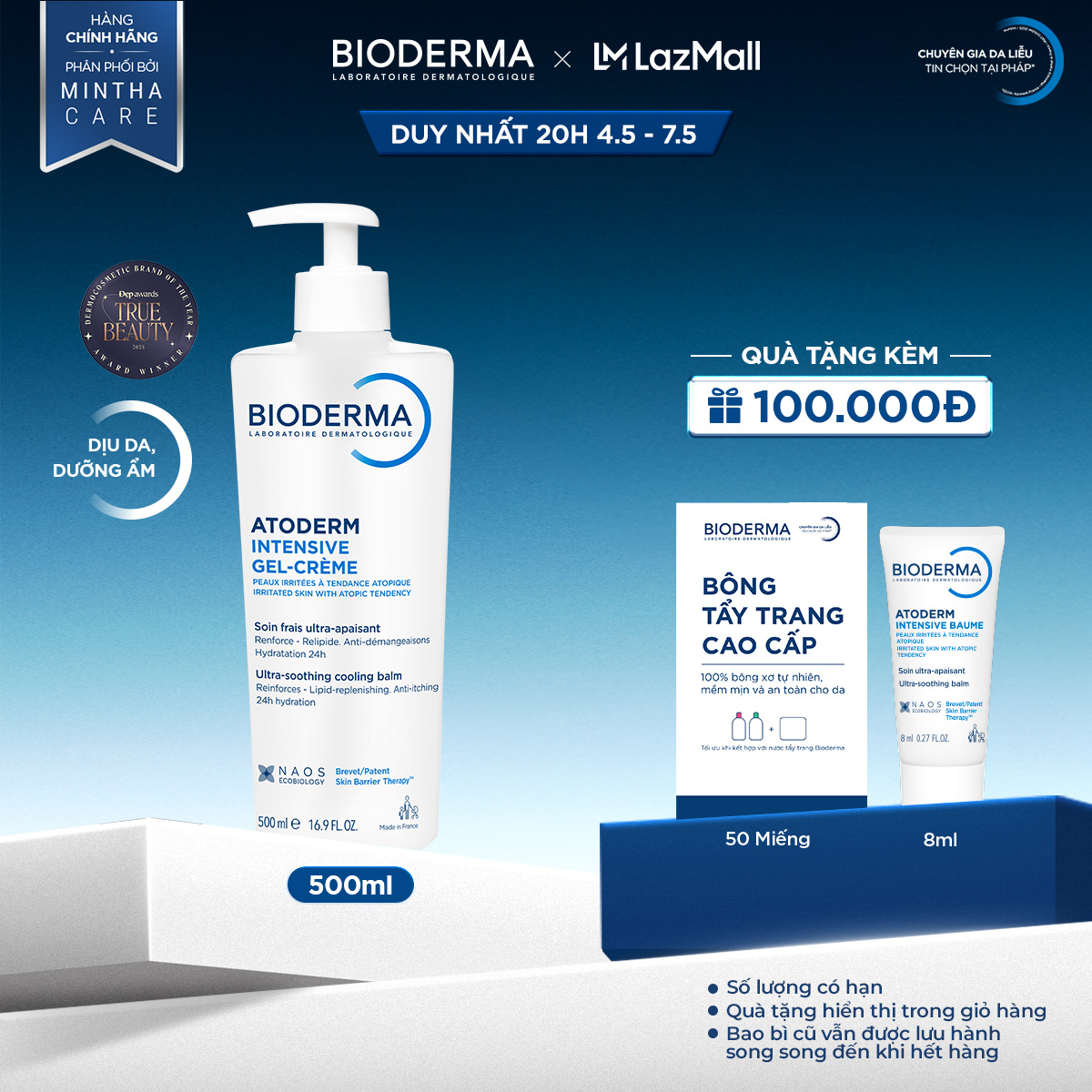 Kem gel dưỡng ẩm và làm dịu dạng gel cho ra rất khô đến viêm da cơ địa Bioderma Atoderm Intensive Gel-crème 500ml