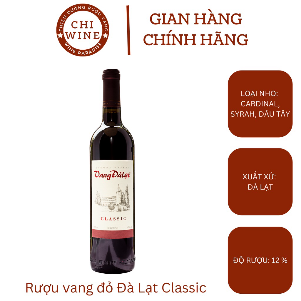 Rượu Vang Đỏ Đà Lạt Classic 12% chai 750ml
