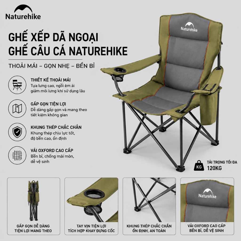 Ghế gấp gọn không cần lắp ráp, chần bông êm, Ghế câu cá Naturehike CNK2550JJ029 – SGTOOLS