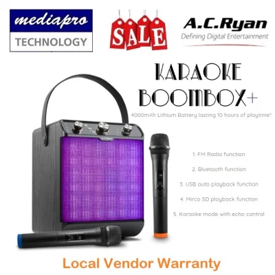 AC Ryan PK18000 Portable Karaoke BoomBox+ 30w Loud Speaker with 2 Wireless Mics - FM Radio, Bluetooth, TF-Card, USB, Aux Input & Output, Echo & Mic Control - Local Vendor Warranty