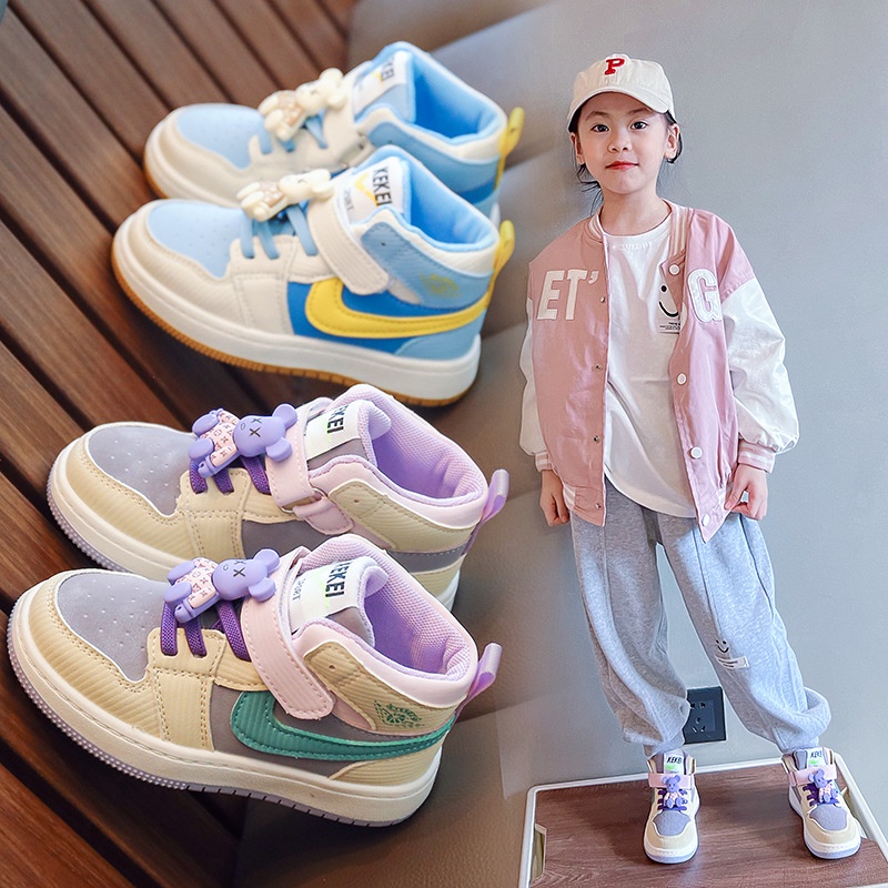 Children's high-top sneakers color blocking fashion girls sneakers new girls' casual shoes Korean version of the boys' casual board shoes