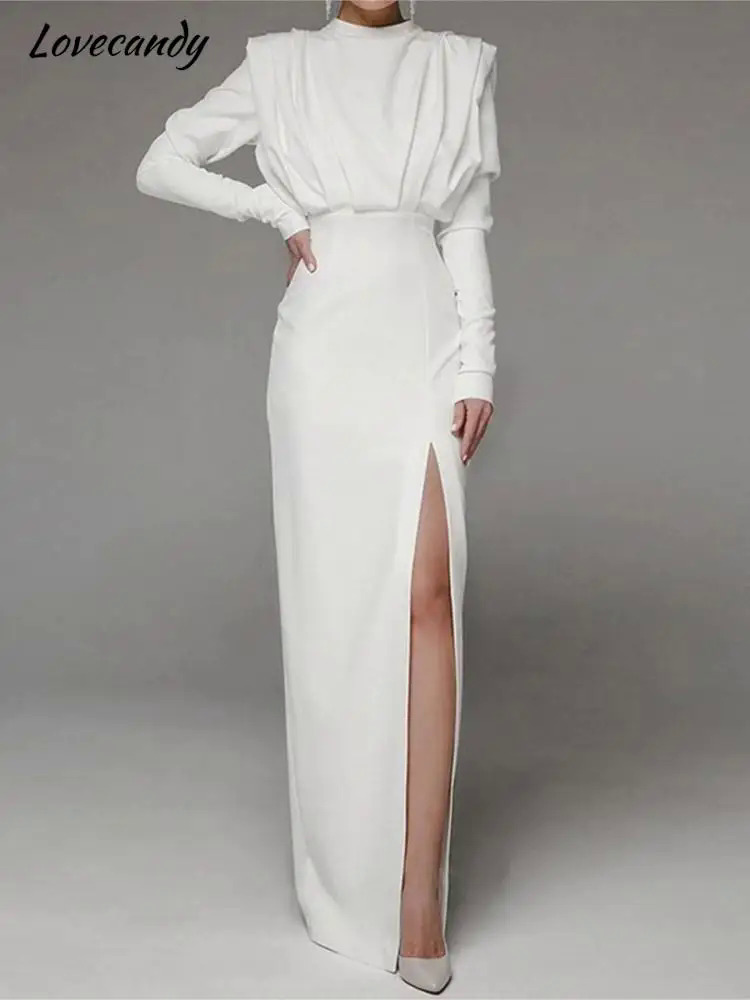 Dài Tay Áo Nửa Cao Cổ Áo Pleated Dresses Màu Sắc Rắn Slit Hollow Dài Ăn Mặc Cho Phụ Nữ 2023 Mùa Xuân Sexy Phụ Nữ Của Mông Ăn Mặc