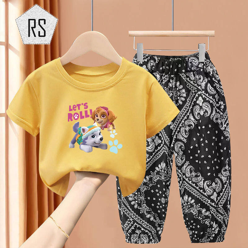 REALSELF ชุดเช็ตเด็กผญ เสื้อเด็กหญิง ลายสุนัขสุดน่ารัก เสื้อเชิ้ตแขนสั้นผ้าฝ้ายคอกลมสำหรับเด็ก + กางเกงขายาว24315 ราคา  100 บาท*ส่งฟรี