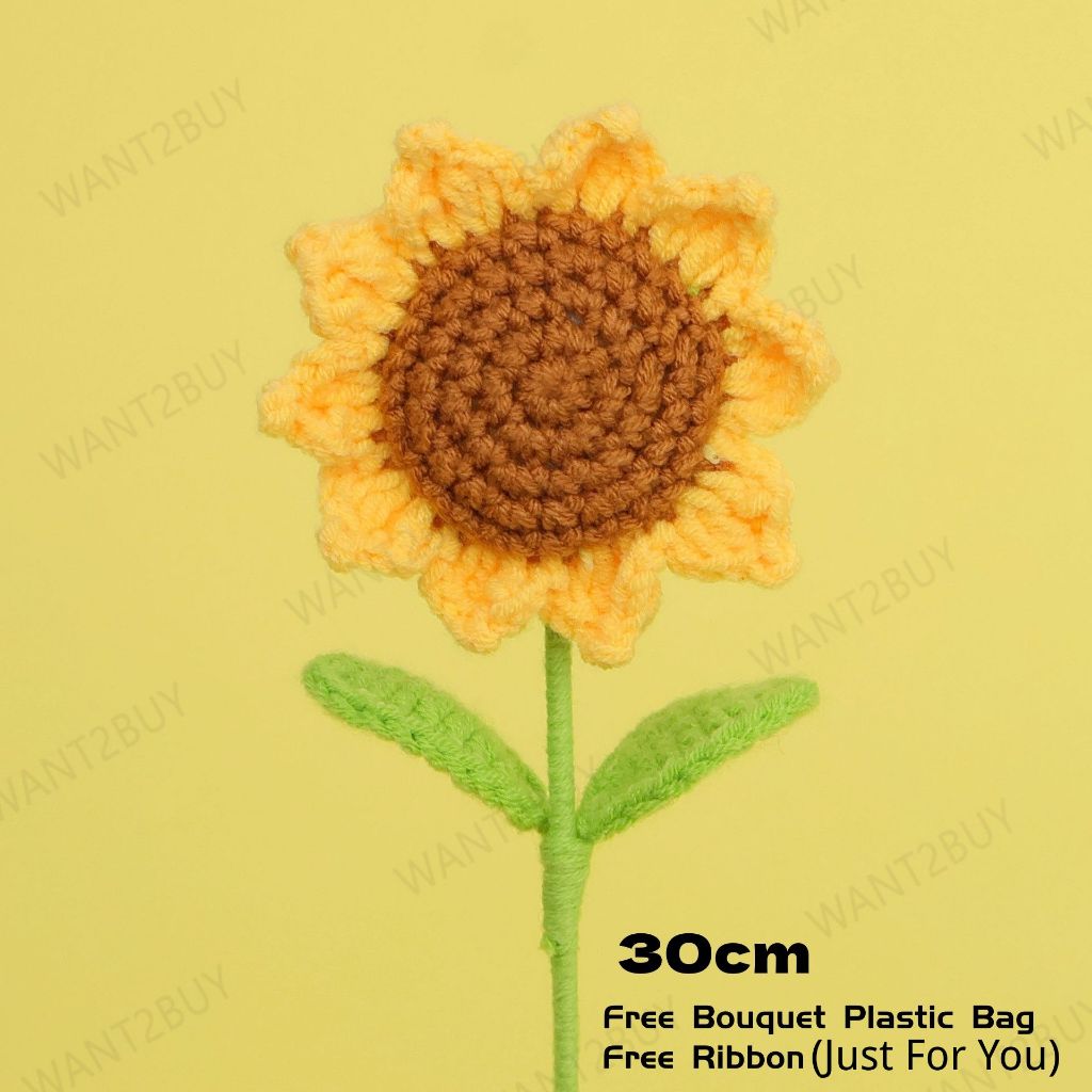 Crochet Sulam Crown Rose Flower Bunga Wool Hand Knitted Finished Bouquet Mother Graduation Teacher Day Gift 玫瑰花针织仿真花