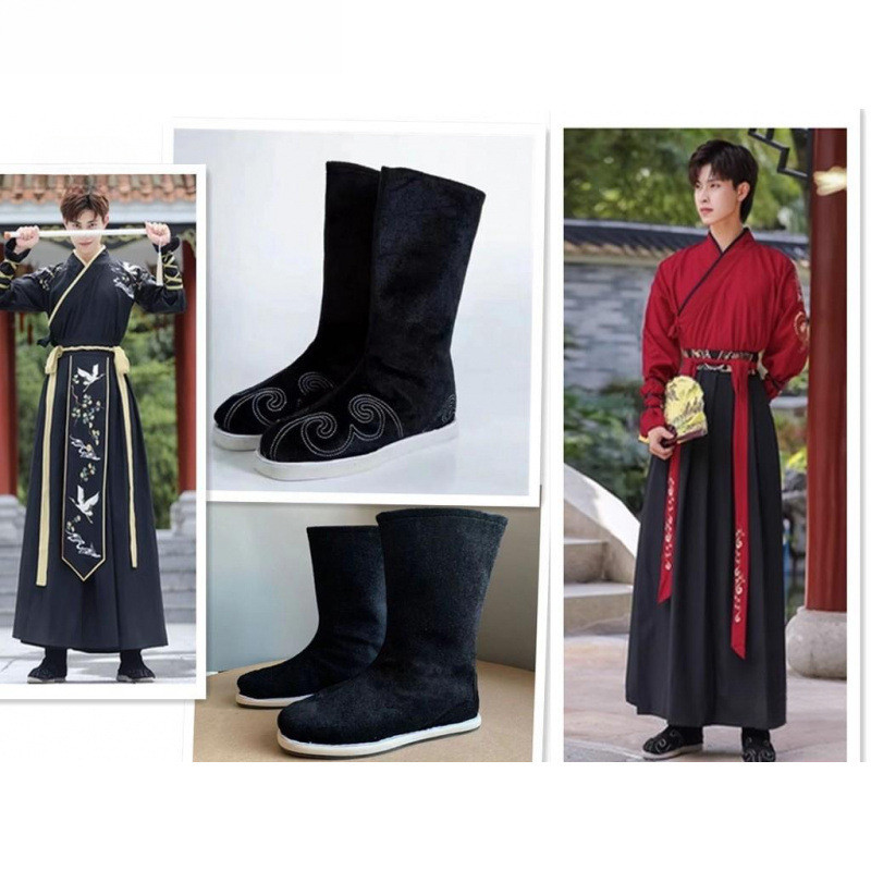 Traditional Chinese Hanfu Boots for Men - Ancient-Style Scholar, & Opera Performance Boots in Black & Red | Vintage Jointed Children's Shoes