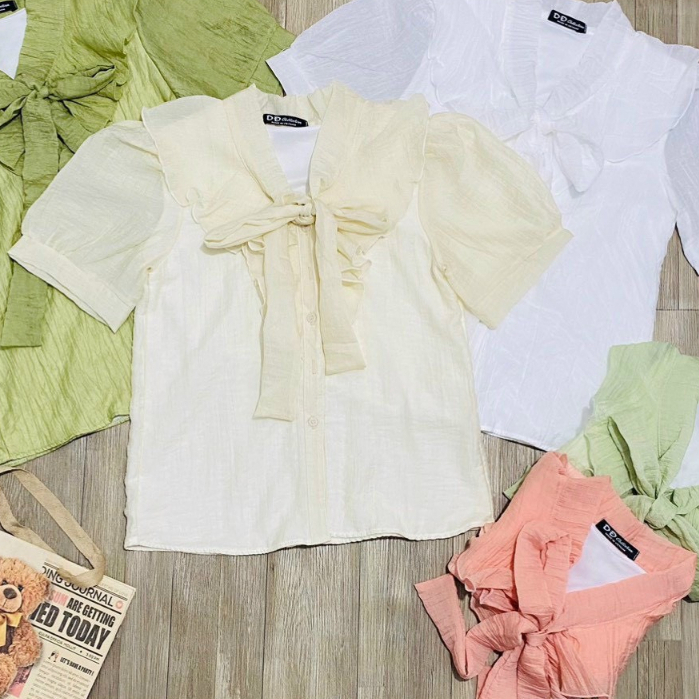 Áo sơ mi cổ phối nơ tay ngắn vải tơ thời trang Mihp Girl