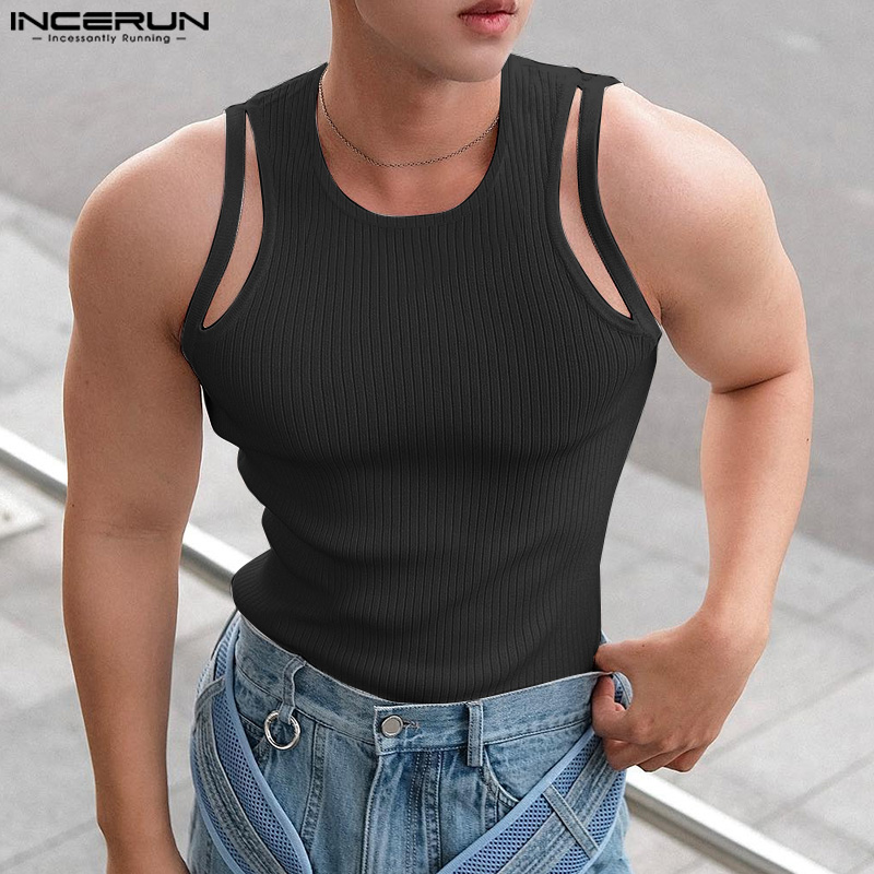 INCERUN Mens Sleeveless Hollow Out Shoulders Crew Neck Minimalist Casual