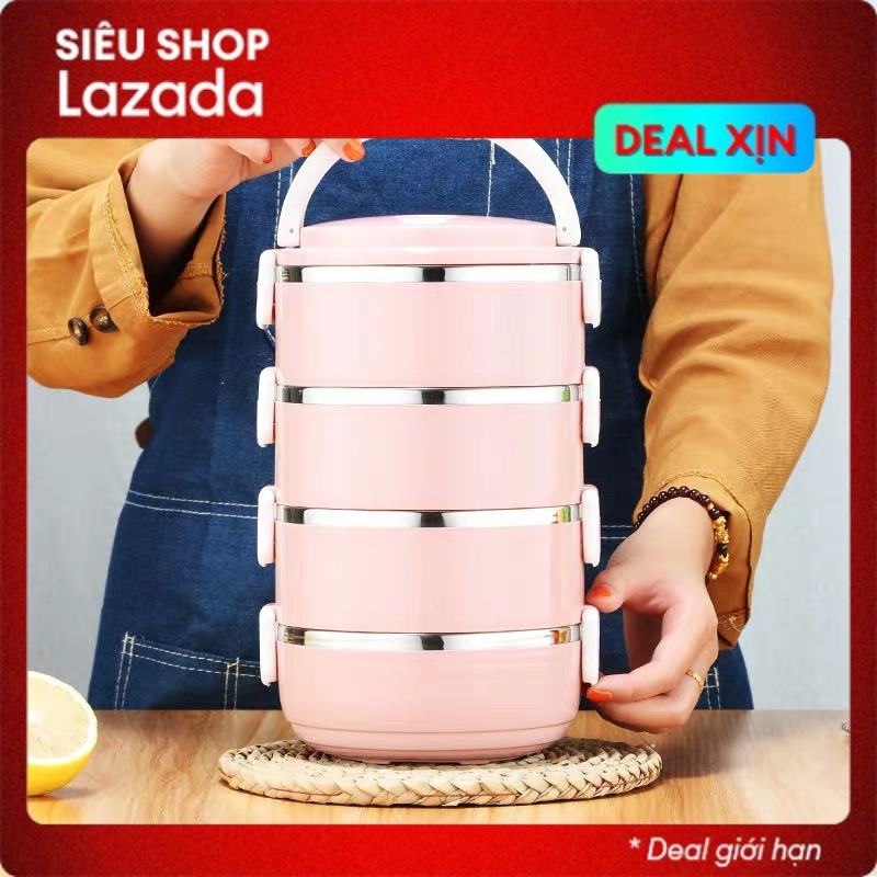 Cặp lồng - Hộp cơm giữ nhiệt văn phòng inox 4 tầng lúa mạch - Cà mèn giữ nhiệt