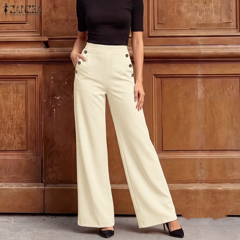 ZANZEA Women Streetwear Fashion OL Work Decorative Buckle Trousers Plain Wide Leg Long Pants #0824