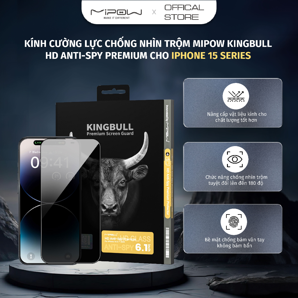 Kính cường lực chống nhìn trộm mipow kingbull 2.5d hd anti-spy 28° premium cho iρhone 15 series - hàng chính hãng