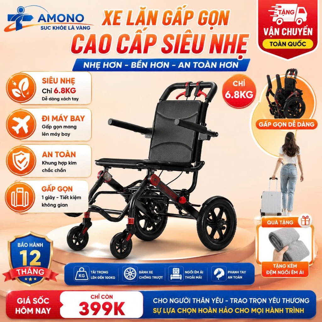 Tặng Vận Chuyển- Tặng Ship-xe đẩy người già, xe lăn gấp gọn du lịch YUBANG siêu nhẹ 6.8kg  CÓ THỂ XÁCH TAY LÊN MÁY BAY,