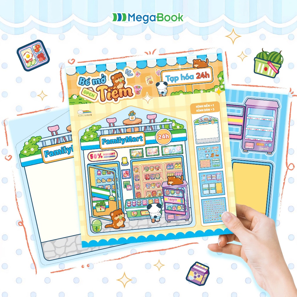 Sách Bé mở tiệm - Tạp hoá 24h (Đồ chơi bóc dán 90+ Sticker cho bé)