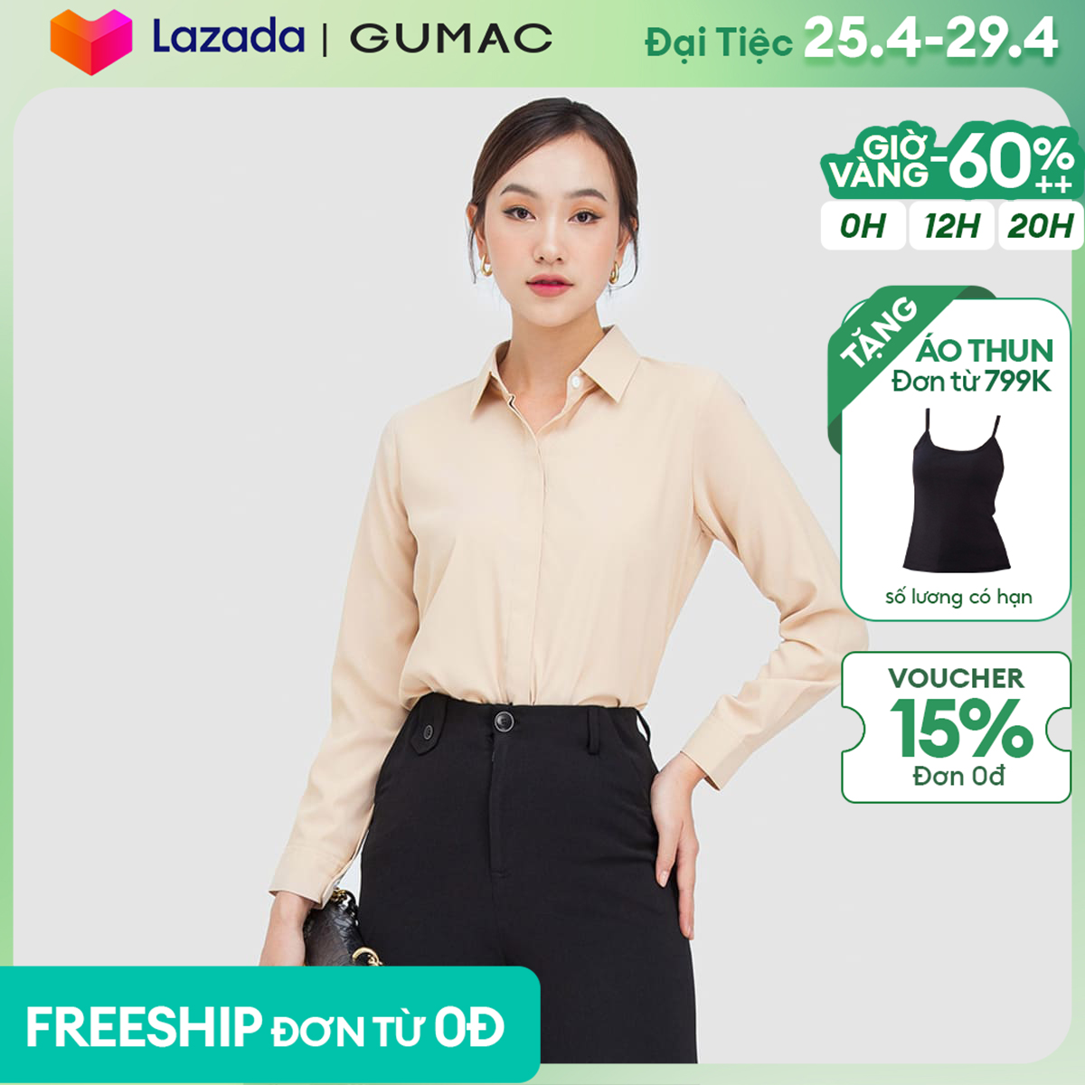 Áo sơ mi nữ gumac ac05004 lụa mango giấu nút