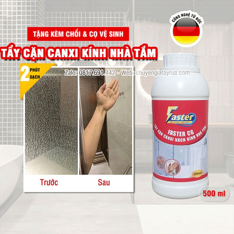 (SIÊU MẠNH) Nước Tẩy Cặn Canxi Trên Kính Nhà Tắm, Vệ Sinh Gương Nhà Tắm Bị Ố Mờ Chai Lớn Faster CG Plus 500ml