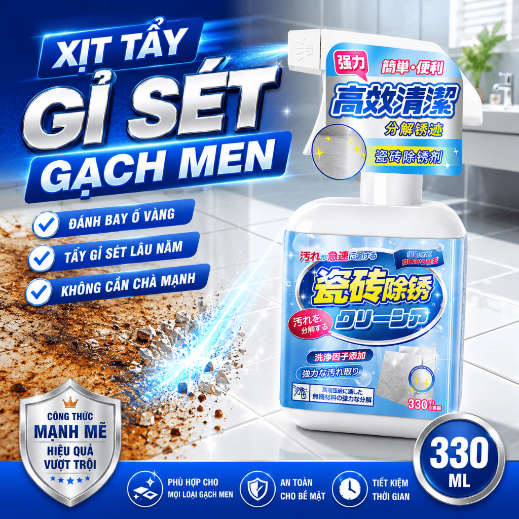 Xịt tẩy rửa gạch men Bashi 330ml công nghệ Nhật Bản tẩy ố rỉ sét không làm hư gạch