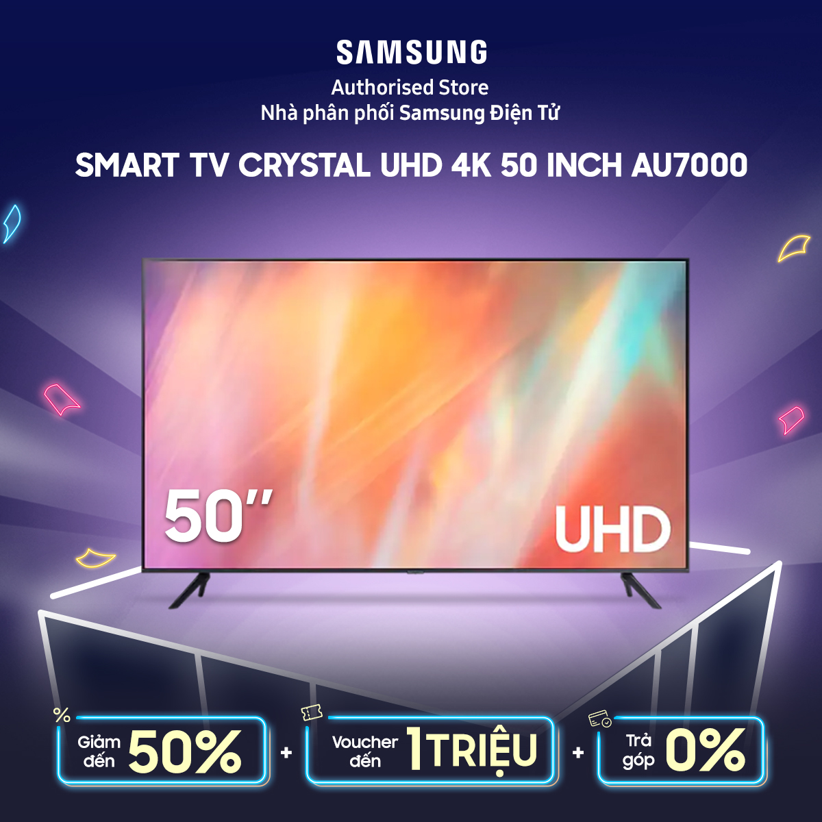 [Trả góp 0%]   Smart Tivi Samsung UHD 4K 50 inch UA50AU7000KXXV chính hãng