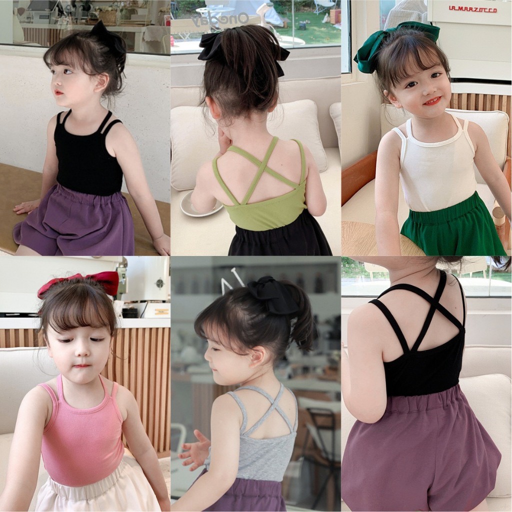 Áo bé gái 2 dây chéo thun tăm siêu co giãn mềm mát áo dây bé gái cho bé 09-26kg