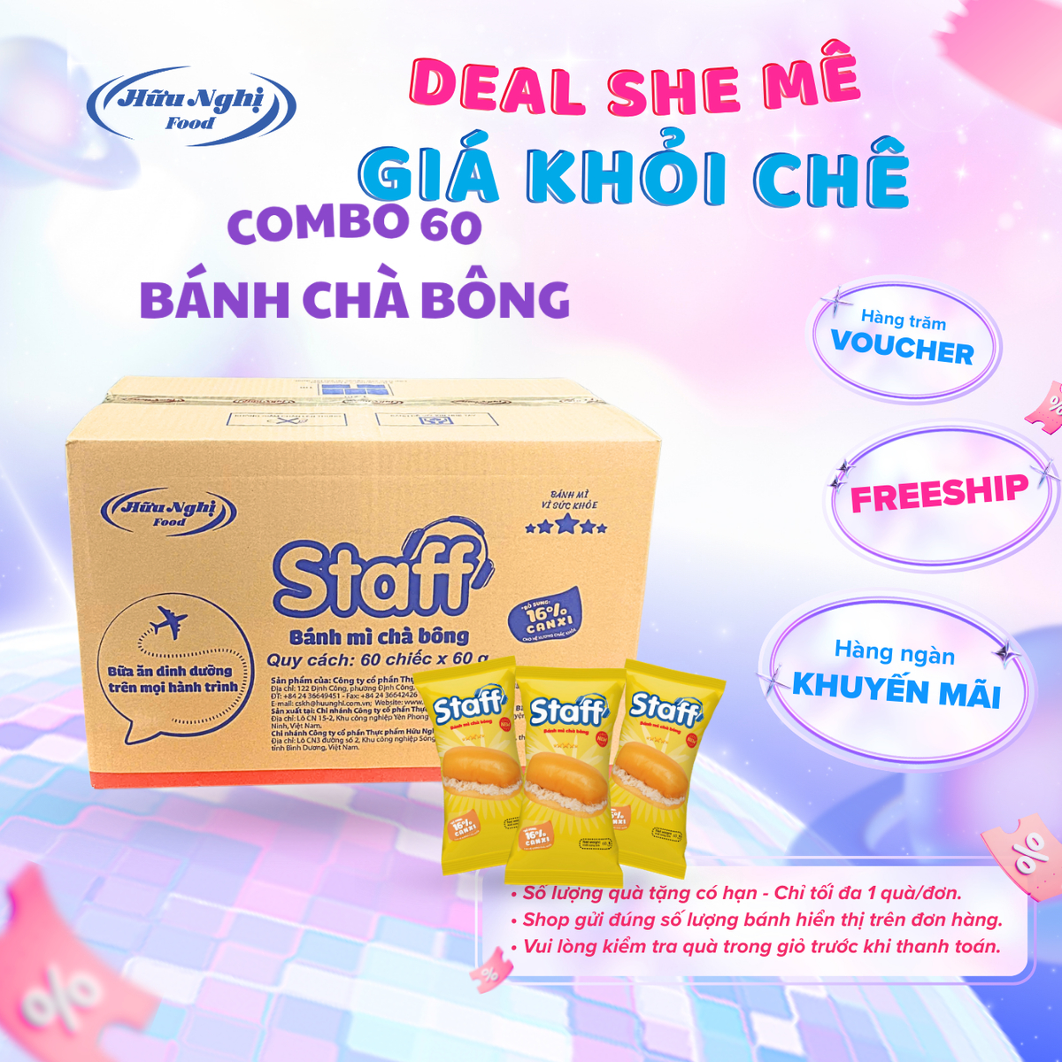 Combo 55 Bánh mì Chà bông, Bánh mì Staff 60g thơm ngon, tiện lợi cho bữa sáng (1 thùng)