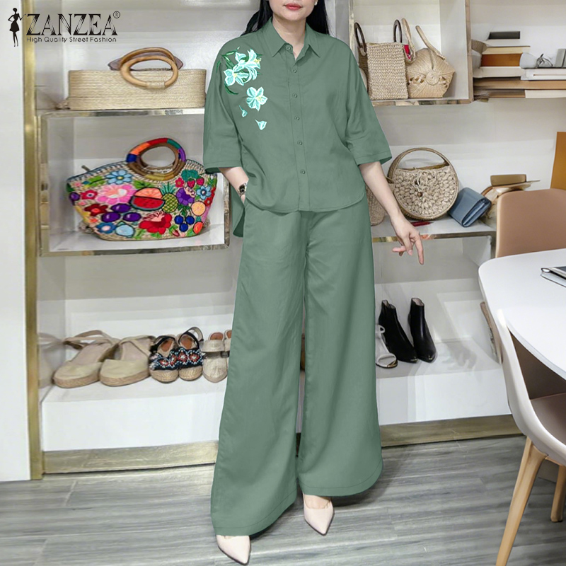Hijabfab ZANZEA phụ nữ thời trang đường phố 3/4 Tay áo in hoa áo sơ mi quần dài đi làm bộ #0526