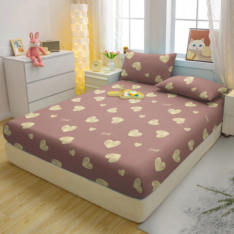 {fthyj} 1 Simple Modern Heart-Shaped Printed Matte Fitted Sheet, Bedroom Printed Bed Cover, Bedding (Excluding Pillowcases)
