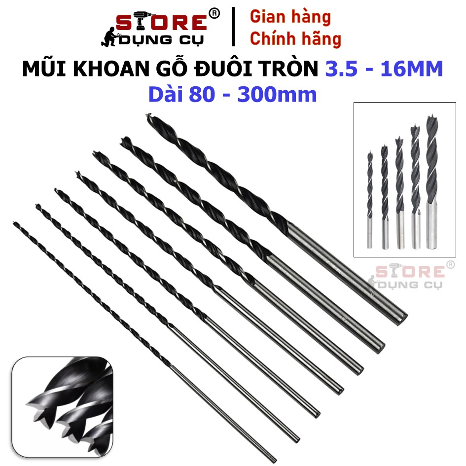 3.5-16mm Mũi khoan gỗ thép Carbon L+R+T LRTMKGDT, Mũi khoan gỗ xoắn ốc lỗ tròn dài định tâm 3 ngạnh chân tròn đủ size , mũi khoan gỗ âm vít, mũi khoan đục lỗ xoắn ốc dài cho máy khoan điện máy khoan pin cầm tay LRT dài 80mm - 200mm - 300mm