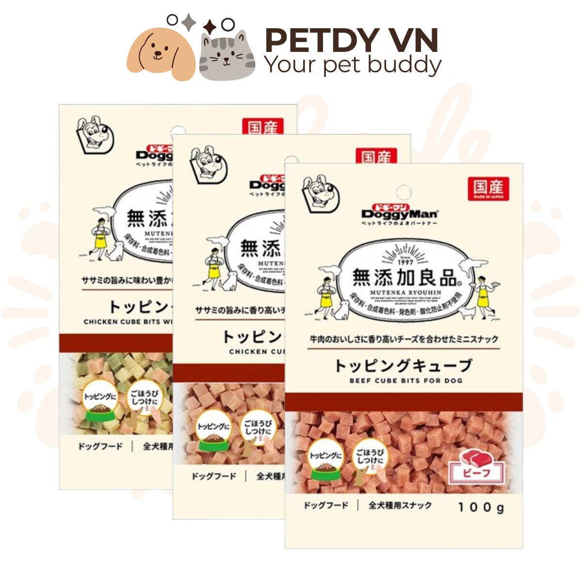 Topping dạng viên snack thưởng cho thú cưng chó mèo Doggyman túi 100g