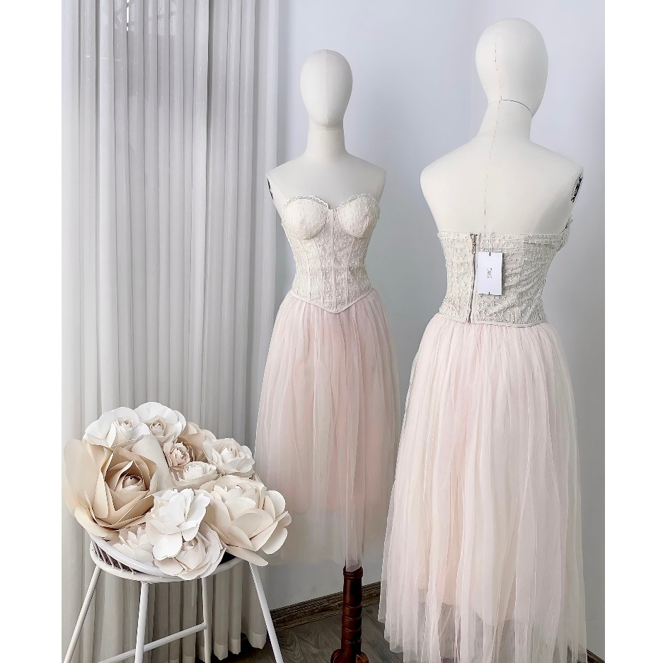 Set đồ nữ sang chảnh tiểu thư áo ren cúp ngực corset phối chân váy dáng dài màu hồng pastel thiết kế