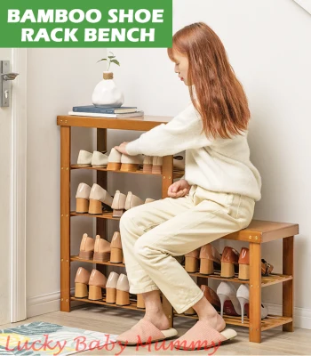 Darker Bamboo Shoe Rack Bench/Convenient Seat Wearing Taking off Shoes Strong Durable Organizer