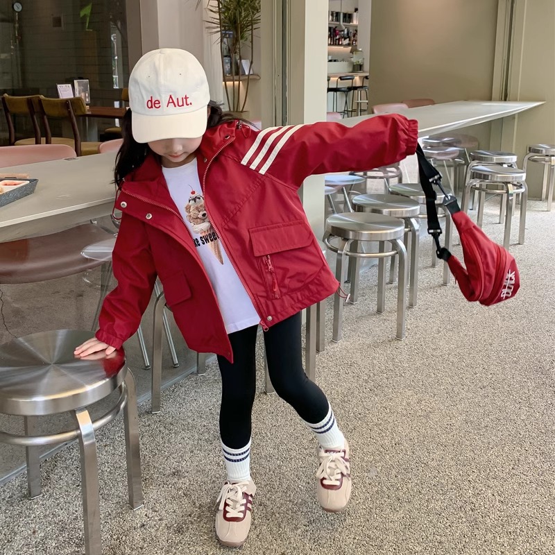 RA Girls Red Windbreaker Jackets Children Spring and Autumn Hooded Zip-up Casual Coat Outdoor Jacket AR