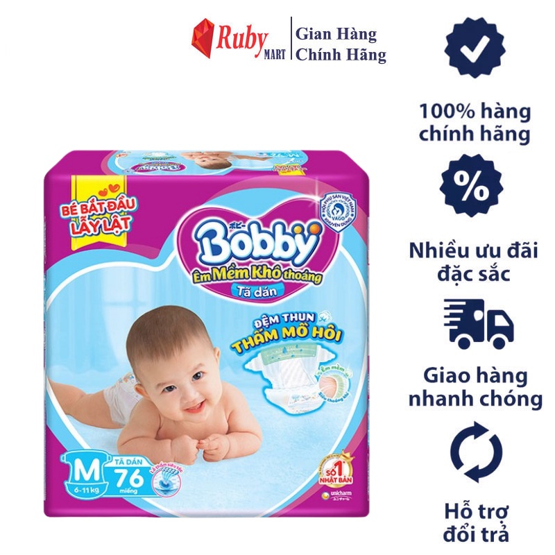 Tã dán bobby xs70/ s54 / m76 / l68 / xl62 / xxl56 miếng siêu thấm