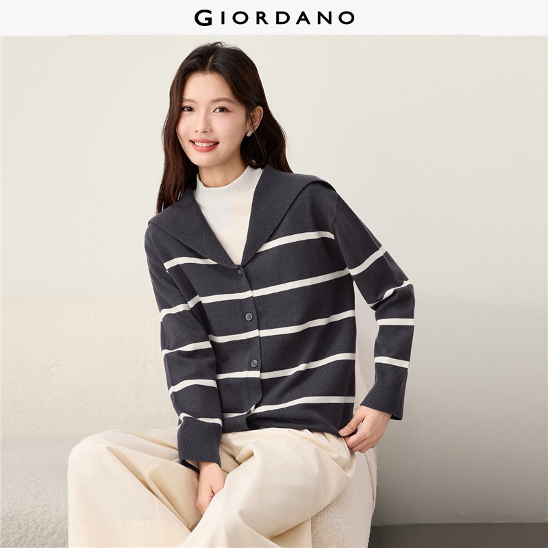GIORDANO Women Cardigans Sailor Collar Striped Cardigans Drop Shoulder Fashionable Casual Preppy Relaxed Cardigans 13356653
