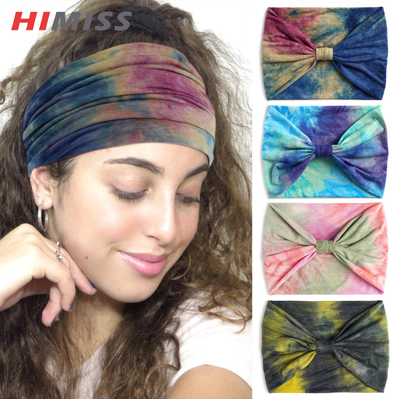 HIMISS 4pcs Women Headbands Stretchy Turban Tie-dye Rainbow Color Elastic Yoga Workout Sweatband Wide Head Wraps For Sports Running Fitness ราคา 150 บาท*ส่งฟรี