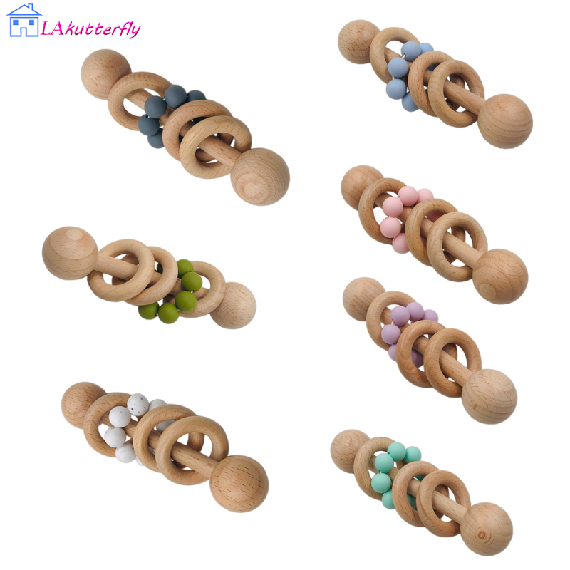 Lakutterfly【hàng có sẵn】đồ chơi lúc lắc bằng gỗ em bé hạt Silicone Vòng nhai mọc răng nắm nhẹ nhàng đồ chơi cho quà tặng sinh nhật nam nữ