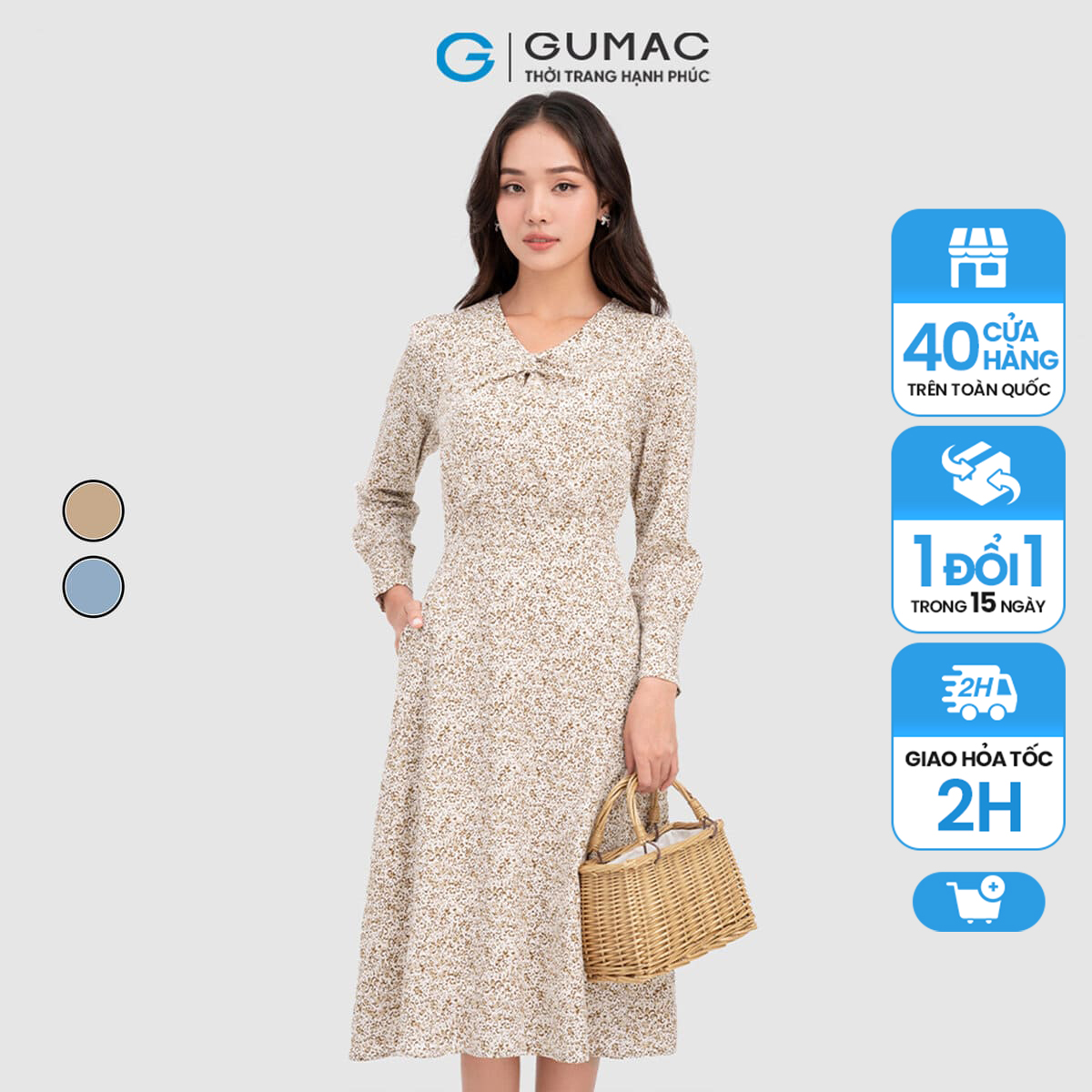 Đầm cổ v khoét nhún thời trang gumac dc12064