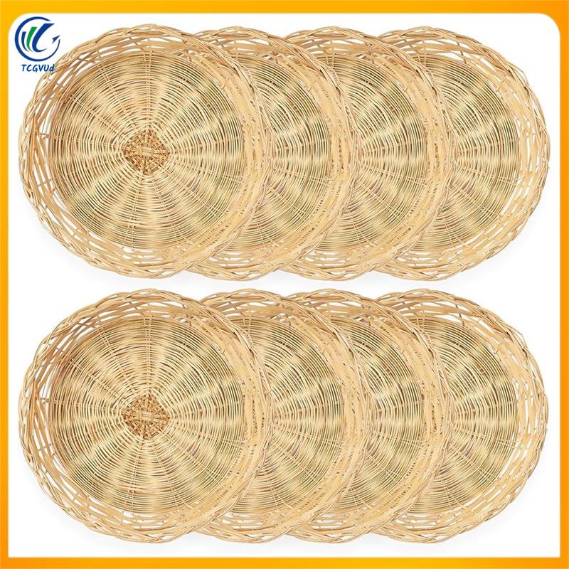 8 Pack Bamboo Paper Plate Holders, 10 Inches Reusable for Dinner Plates Hand Woven Wicker Paper Plate Baskets